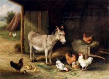 埃德加 亨特 Donkey Hens And Chickens In A Barn